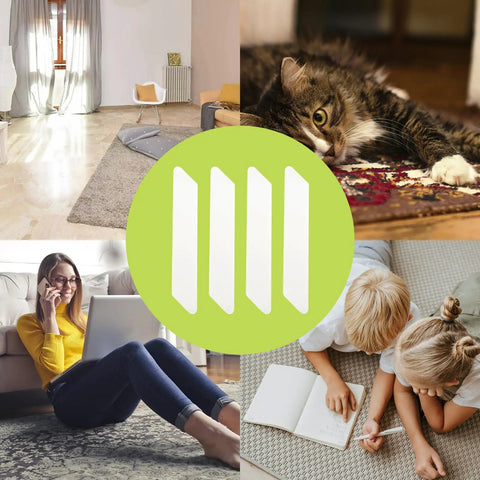 12 Pack Non Slip Rug Pad Grippers Washable And Reusable For Rugs, Double Sided Non Slip Rug Pads For Hardwood Floors visual collage
