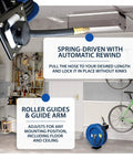 Garage with Heavy Duty All Steel 3/8 Inch By 50 Foot Retractable Air Hose Reel With Automatic Rewind, German-Made Hose, mounted on wall.