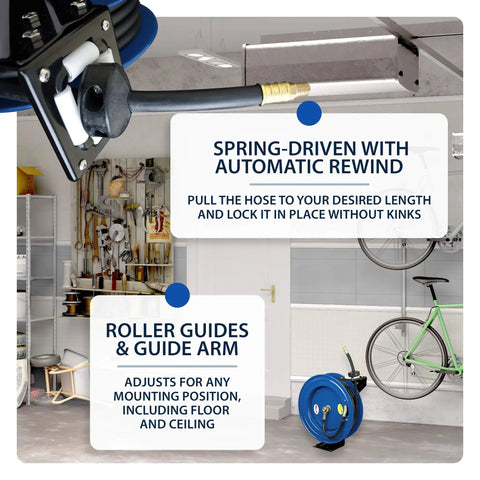 Garage with Heavy Duty All Steel 3/8 Inch By 50 Foot Retractable Air Hose Reel With Automatic Rewind, German-Made Hose, mounted on wall.