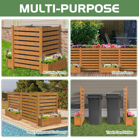 Outdoor Wood Privacy Fence Panels For Air Conditioner Trash Can And Pool Equipment Enclosures With Planter Box Yard Must Have Privacy Screen 3 Panels 36 Inches Wide By 45 Inches High Easy Install, featuring multi-purpose use as AC unit enclosure, garden fence, pool equipment cover, and trash can divider with colorful planter boxes.