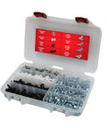Open box with Must Have License Plate Hardware Kit 400 Piece Variety Pack with stainless steel screws and accessories visible.