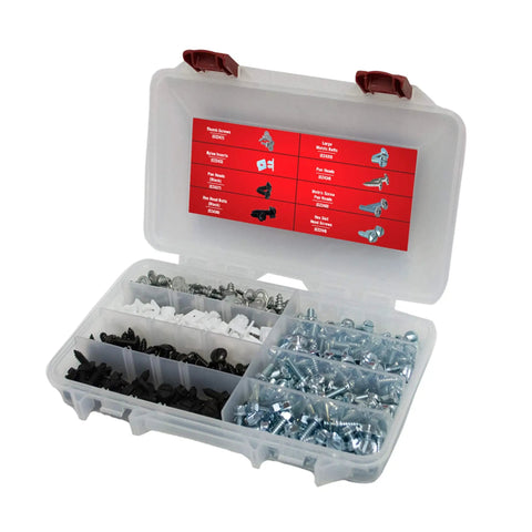 Open box with Must Have License Plate Hardware Kit 400 Piece Variety Pack with stainless steel screws and accessories visible.