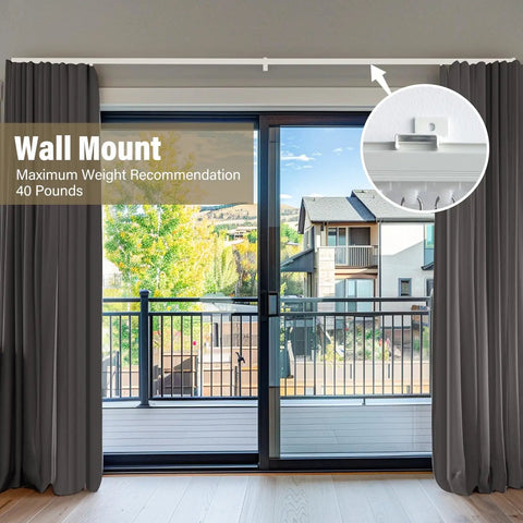 Heavy Duty Ceiling Curtain Track System With Wall Mount No Fuss Ultra Quiet Pulleys Aluminum Channel For Room Divider And Curtains Waterproof And Rust Resistant Smooth Glide Easy Install White Finish Fits 3 To 9 Feet wall-mounted above window with gray curtains