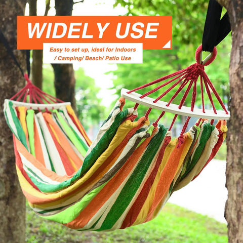 Portable Hammock With Carrying Bag And Two Tree Straps For Camping Travel And Beach Outdoor Fun Supports Up To 660 Lbs Anti Roll Over Wooden Frame For Stable Balance Great For Single Or Double Use, colorful outdoor setting