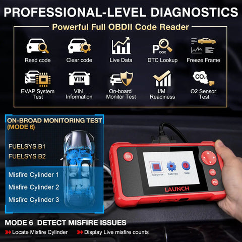 CRP123 V2.0 OBD2 Diagnostic Scanner For Engine ABS SRS And Transmission With Airbag Codes Oil Service Reset Throttle Relearn SAS Reset Lifetime Free Updates Ideal Gift For Any Car Owner All-In-One Vehicle Diagnostics showing misfire detection mode