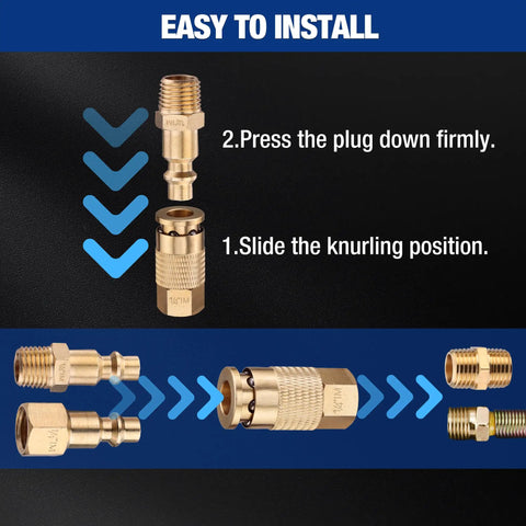 Pro Grade 16 Piece One Quarter Inch NPT Air Hose Fitting Kit installation instructions with brass Quick Connect parts