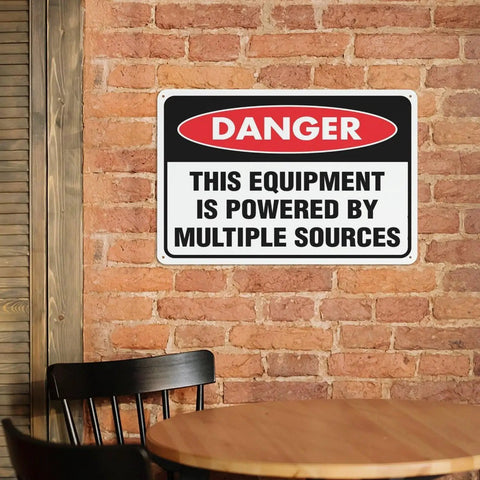 Danger Sign For Multiple Power Sources Supply This Equipment 8x12 Inch Weather Resistant Aluminum Plaque Pre Drilled For Home Entry Doors Office Spaces Yards And Maintenance Zones High Visibility mounted on brick wall