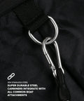 Close-up of marine-grade carabiner on Collapsible Mesh Snorkel Bag For Long Fins With Top Opening For Easy Drop In And Hands Free Carry