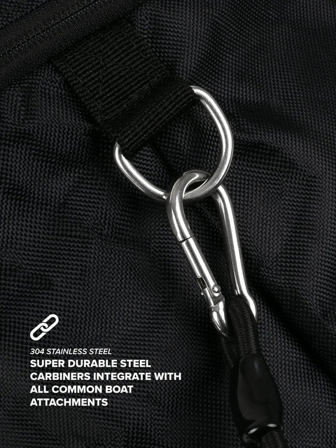 Close-up of marine-grade carabiner on Collapsible Mesh Snorkel Bag For Long Fins With Top Opening For Easy Drop In And Hands Free Carry