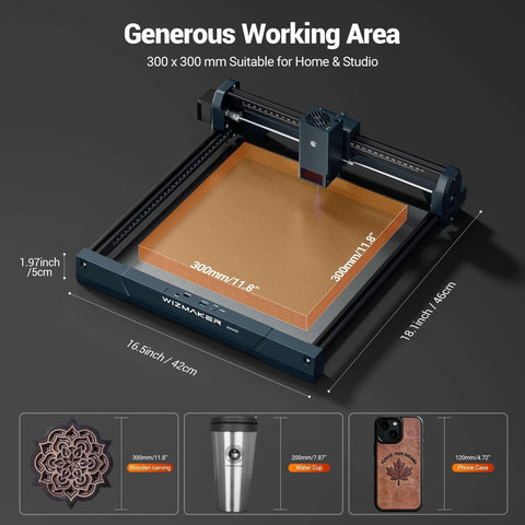 WIZMAKER desktop laser engraver, 12W, 300×300mm work area, dark blue frame