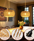 Plug And Play Rattan Pendant Light With Authentic Boho Farmhouse Charm featuring handwoven shade and adjustable hemp cord.
