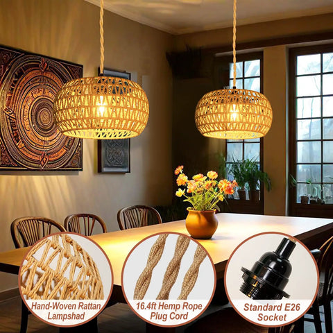 Plug And Play Rattan Pendant Light With Authentic Boho Farmhouse Charm featuring handwoven shade and adjustable hemp cord.
