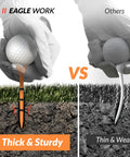 Comparison of Pro 150 Pack Golf Tees Set with 130 driver tees and 20 iron/hybrid tees showing thick sturdy vs thin weak design.