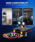 4 Way AC Gauge Set For R410a R22 R134a Refrigerant With 4 Valve Automotive Manifold and hoses on display case
