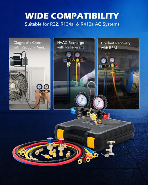 4 Way AC Gauge Set For R410a R22 R134a Refrigerant With 4 Valve Automotive Manifold and hoses on display case