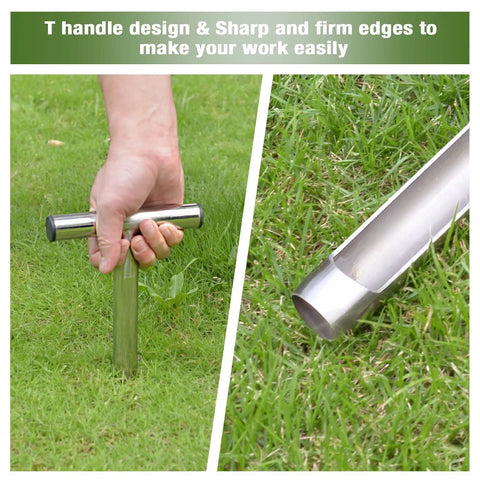 Stainless Steel Soil Probe With 12 Inch Length And T Handle Includes Two Bags Pro Grade Lawn And Garden Sampler Kit viewed in use