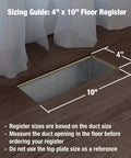 Sizing guide showing dimensions for Louvered Plastic Floor Register 4 x 10 Inch White 5 Pack Heavy Duty Polystyrene Durable Floor Vent