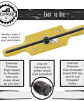 Plastic Dowel Thread Tap Kit For Woodworking Three Quarters Inch Dowel Jig Set With Tap Die For Cutting External And Internal Threads Six TPI For Fasteners And Holes with yellow handle and instructions