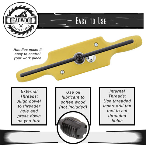 Plastic Dowel Thread Tap Kit For Woodworking Three Quarters Inch Dowel Jig Set With Tap Die For Cutting External And Internal Threads Six TPI For Fasteners And Holes with yellow handle and instructions