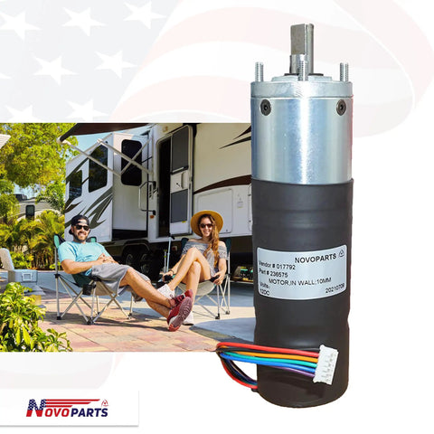 RV In Wall Slide Out Motor Replacement High Torque 300 To 1 Gear Ratio 10mm Shaft Direct Fit displayed with RV lifestyle scene