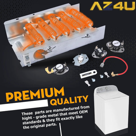 5 Piece Dryer Heating Element And Thermostat Replacement Kit For Electric Dryers With All Elements And Thermal Cutoff Kit For Easy Diy Fix displayed with orange coils and dryer model image