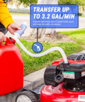 Heavy Duty Manual Fuel Transfer Pump And Gasoline Siphon With 5 Gpm Flow Rate Durable Polyethylene Tubing in use transferring fuel.