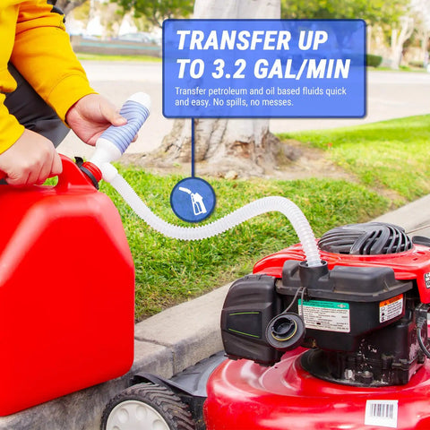 Heavy Duty Manual Fuel Transfer Pump And Gasoline Siphon With 5 Gpm Flow Rate Durable Polyethylene Tubing in use transferring fuel.