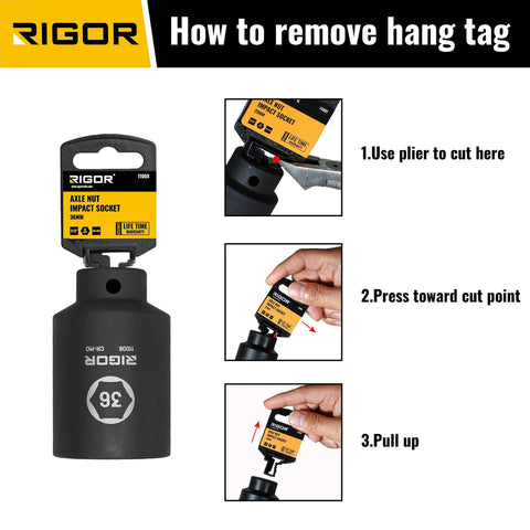 Instructions for removing hang tag from 36mm Axle Nut Impact Socket 1/2 Inch Drive 6 Point Deep CR-MO Metric with Laser Etched Upgrade.