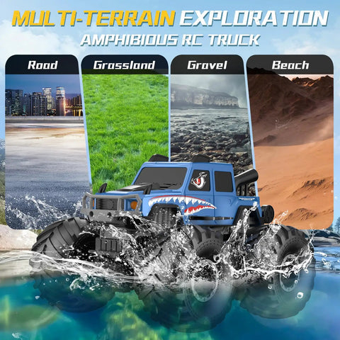 Waterproof 360 Degree Rotating 4X4 RC Monster Truck For Land And Water Play shown on different terrains