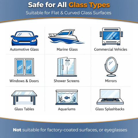 Safe for all glass types infographic showcasing various applications, including automotive and marine glass.