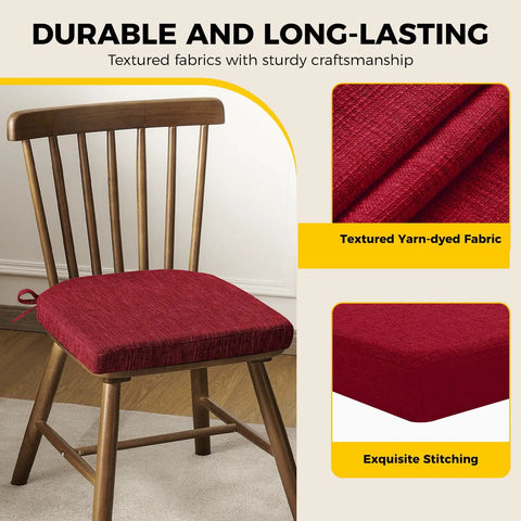 Red U Shaped Dining Chair Cushions 4 Pack With Ties And Non Slip Backing, Soft Textured Foam Kitchen Chair Pads 16 By 16 By 2 Inches shown on chair