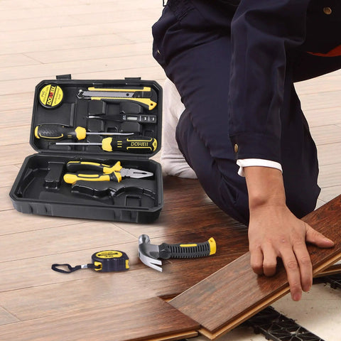 Compact Mini Tool Set For Students And Dorm Living Handy Home Repair Kit with toolbox and chrome finished steel tools.