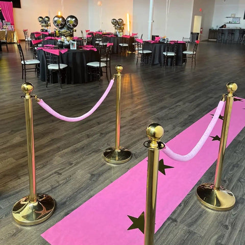 Two Pack Velvet Stanchion Rope Pink With Gold Hooks, Five Foot Party Barrier For VIP Events, Red Carpet Setup view