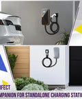 J1772 EV Charger Holder Wall Mount Heavy Duty Steel Cable Organizer with EV cable on a wall beside a car.