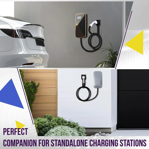 J1772 EV Charger Holder Wall Mount Heavy Duty Steel Cable Organizer with EV cable on a wall beside a car.