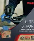 Person using PowerClean X80 Cloths Heavy Duty Wipes Brag Box Blue 152 Sheets Per Box Extra Absorbent Wipes For Auto Shop Cleaning