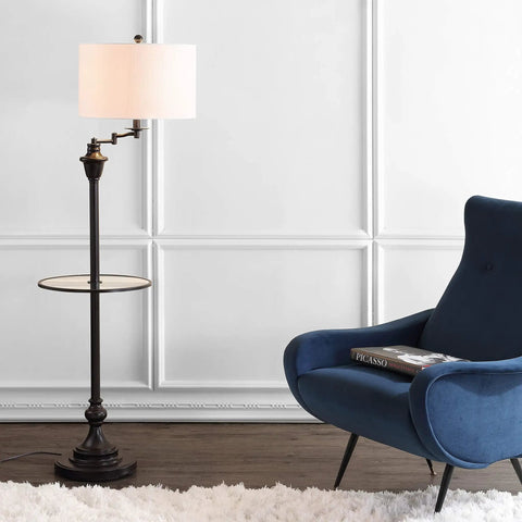 60 Inch Oil Rubbed Bronze Floor Lamp With Integrated Glass Side Table Sleek Swing Arm Design For Living Room White Linen Shade LED Bulb Included Energy Saving