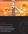 Garden Hose Bib Extender With Elevated Stand surrounded by orange flowers, brass fittings, rust resistant steel.