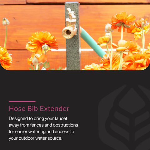 Garden Hose Bib Extender With Elevated Stand surrounded by orange flowers, brass fittings, rust resistant steel.