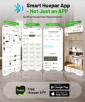 Smart Huepar App interface showcasing unlimited storage, floor plan, data lists, and features for heavy duty dual laser distance meter.