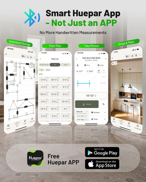 Smart Huepar App interface showcasing unlimited storage, floor plan, data lists, and features for heavy duty dual laser distance meter.
