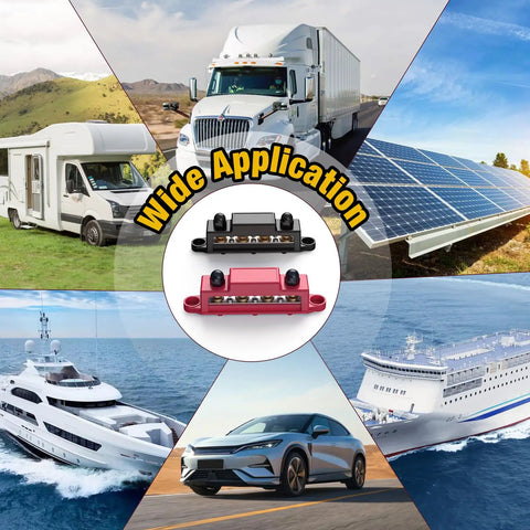 Four Post Three Eighths Inch Power Distribution Block 48V 250A Heavy Duty Marine Grade Bus Bar With Six Eight Gauge Screws For Auto RV Solar Wiring And Boat Black And Red shown in RV, truck, solar, car and boat use