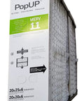PopUp 20x25 Media Filter MERV 11 For Compatible 20x25 Air Cleaners in packaging, flat filter design showing dimensions and features.