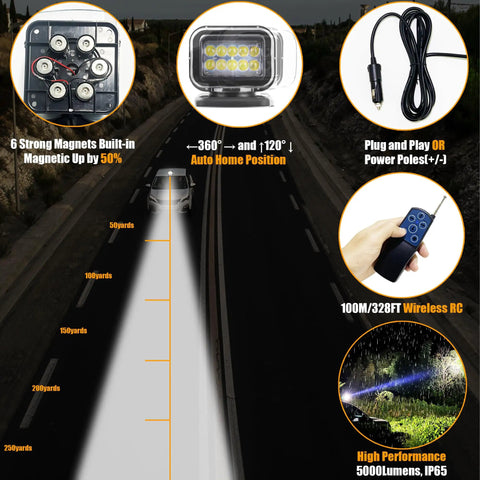 Remote Spotlight For Trucks With 360 Degree Rotation 50W LED Marine Search Light Auto Reset Magnetic Mount 12V 24V view