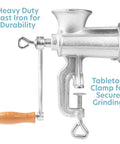 Heavy Duty Cast Iron Meat Grinder with Tabletop Clamp and Two Cutting Disks for manual mincing, shown from side view