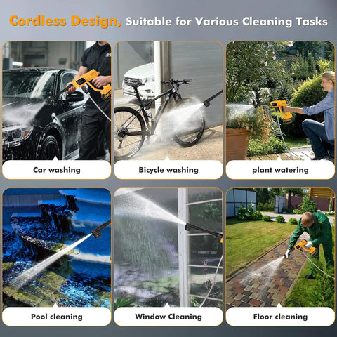 Cordless Pressure Washer Gun 1700 PSI 120 Bar Portable Power Washer in use for washing cars, bicycles, plants, pools, windows, and floors.