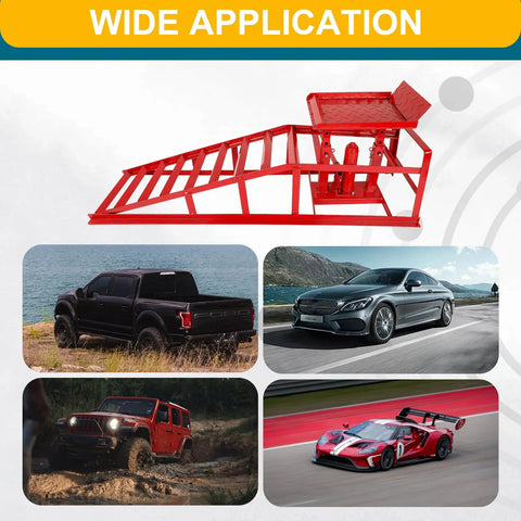 Red Hydraulic Car Ramps 5 Ton Heavy Duty Steel Car Lift Ramps With Hydraulic Jack for various car repairs, showing wide application