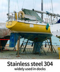 Boats docked on shore with text highlighting stainless steel 304 use.