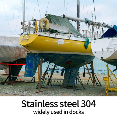 Boats docked on shore with text highlighting stainless steel 304 use.