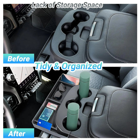 Center Console Cup Holder Organizer For Dodge RAM 1500 And 1500 Classic 2500 And 3500 Jump Seat With 3 Cup Holders Front Storage Tray Truck Accessories 2013 To 2026 Rams installed in jump seat, showcasing organization before and after in truck.